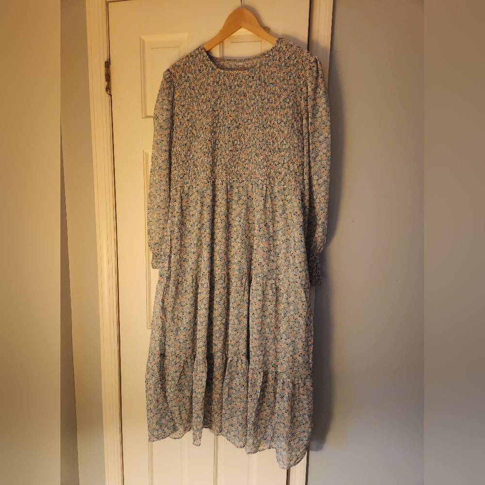Blue floral midi dress with smocking